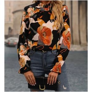Floral Print Blouse - Black and Orange
